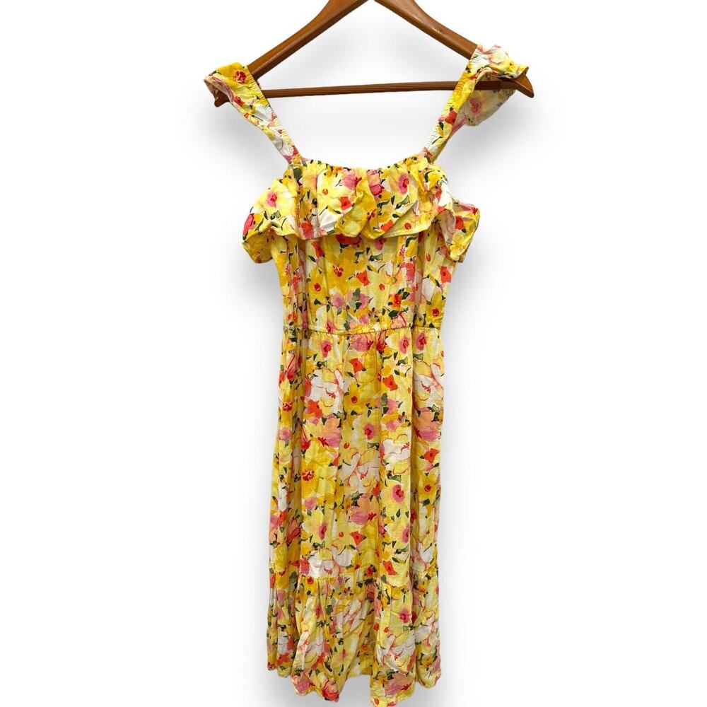 LC Lauren Conrad Ruffle Midi Linen Blend Floral Dress Womens M Yellow Sundress - Picture 3 of 7